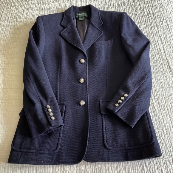 EUC VTG Ralph Lauren navy wool mix herringbone equestrian jacket - Picture 3 of 11